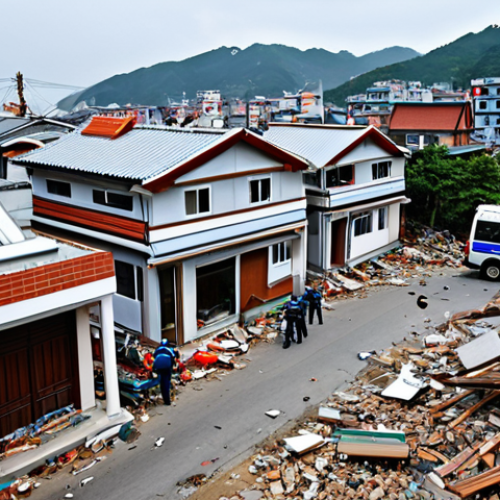 The Earthquake's Aftermath**

"Damaged houses in Pohang after the 2017 earthquake, debris scattered around, emergency services present, fully clothed people assisting, daytime, overcast sky, safe for work, appropriate content, professional photo, perfect anatomy, correct proportions, modest setting, realistic."

**